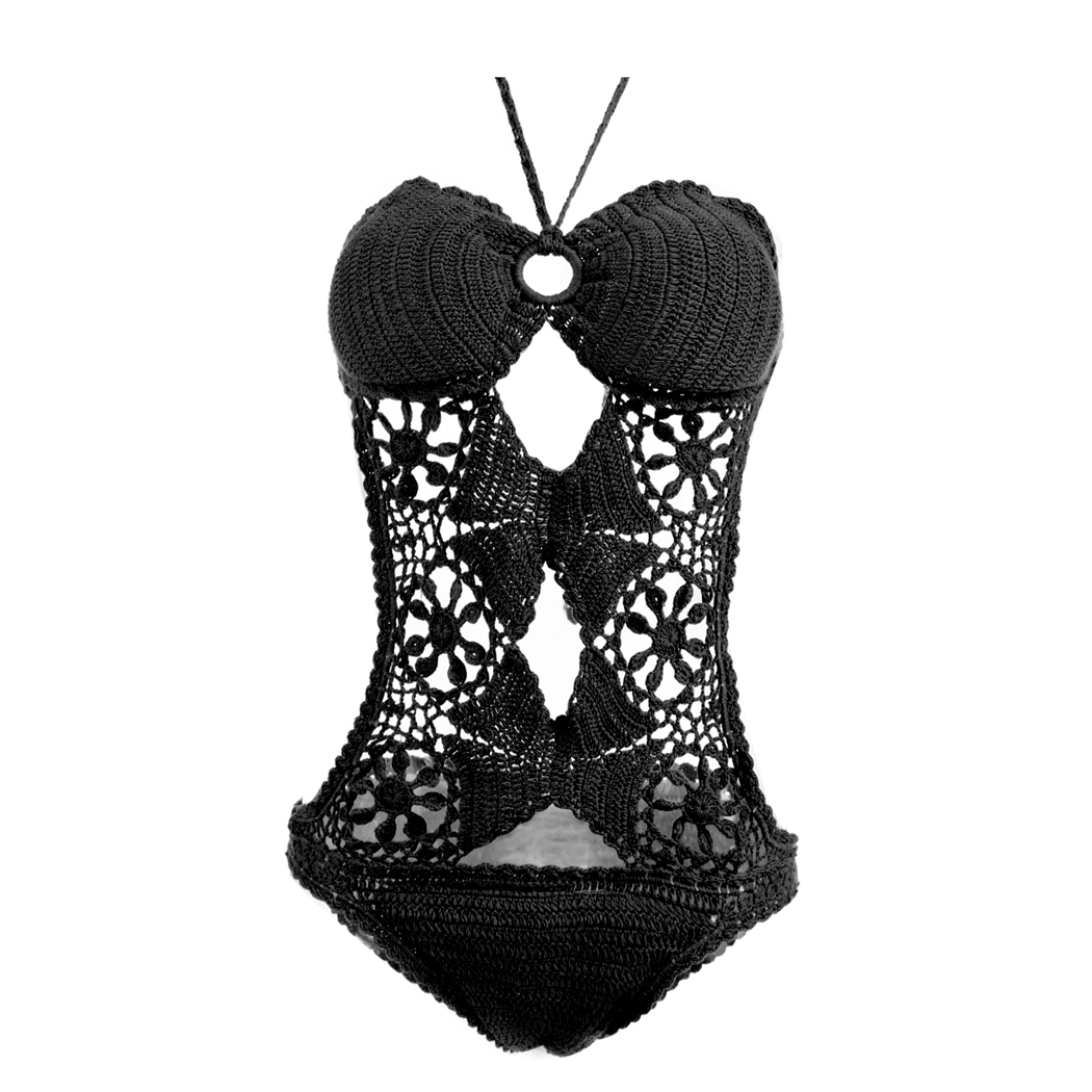 White Black Crochet Thong One Piece Swimsuit Swimwear Women Sexy