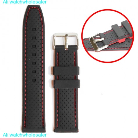 22mm Very Nice Black With Red Silicone Unisex Watch Band Straps WB1047C22JB
