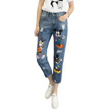 Large Size Women Jeans Pants Print Cartoon Pattern Broken Holes Loose Denim Trousers Ankle-length Female Cowboy Pants for Plump