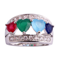 New Fashion Lovely Heart Cut Multi Color Stones 925 Silver Ring Size 6 7 8 9 10 11 12 Gift For Lady Free Shipping Wholesale