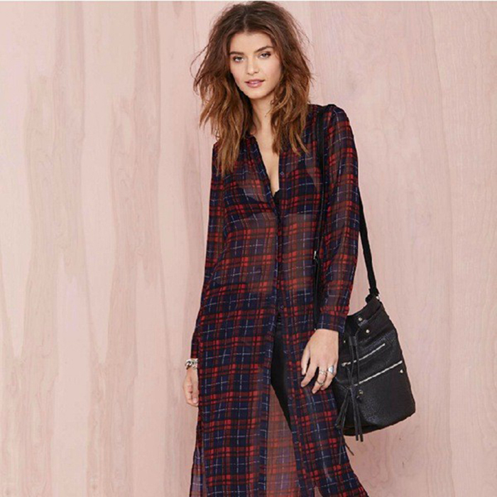 2016 Perspective Split Long Blouse Women font b Tartan b font Vintage Sheer Cardigans Casual Chiffon