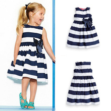 Baby Kid Girls Sleeveless One Piece Dress Blue Striped Bowknot SummerTutu Dresses