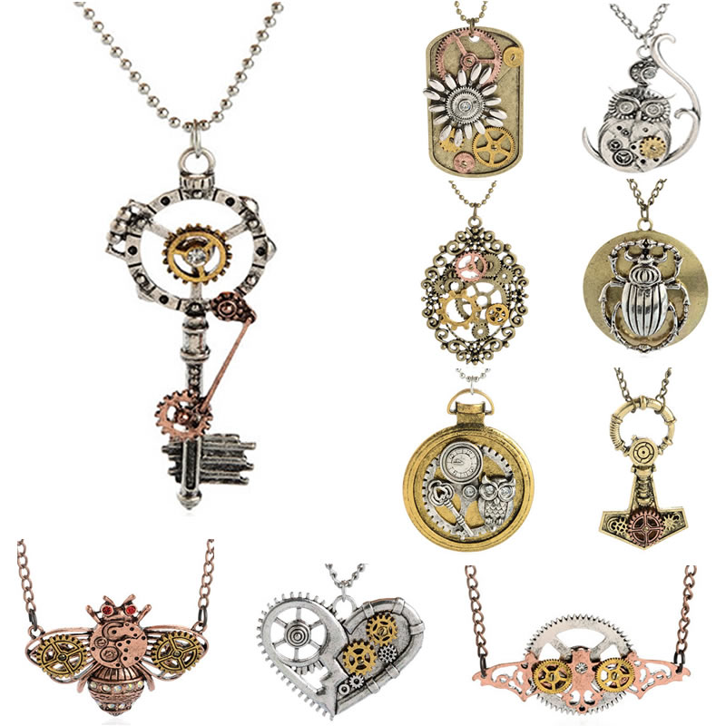 1PC wholesale Retro steampunk Key gears pendant link chain necklace costume jewelry punk friendship gifts wholesale