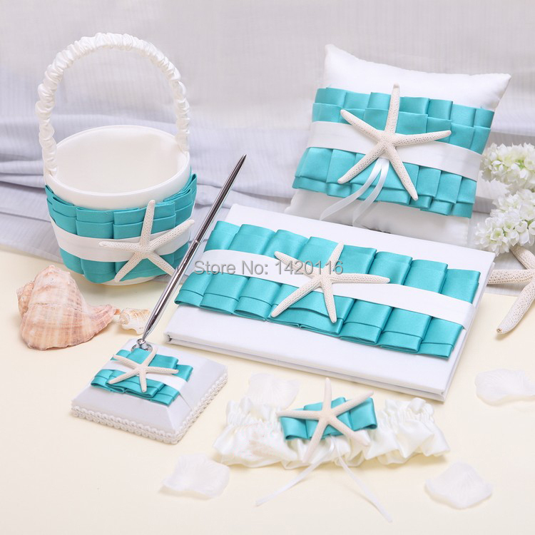 5Pcs White&Turquoise Starfish Wedding Guest Book Pen Set Ring Pillow Flower Basket Garter