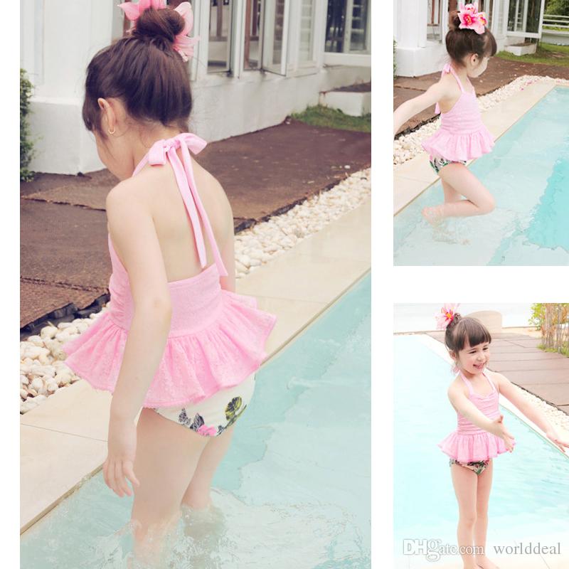  Baby Girls Halter Neck Style Swimsuit Backless Lace Layered Swimming Dress Kids Summer Beachwear QBC105