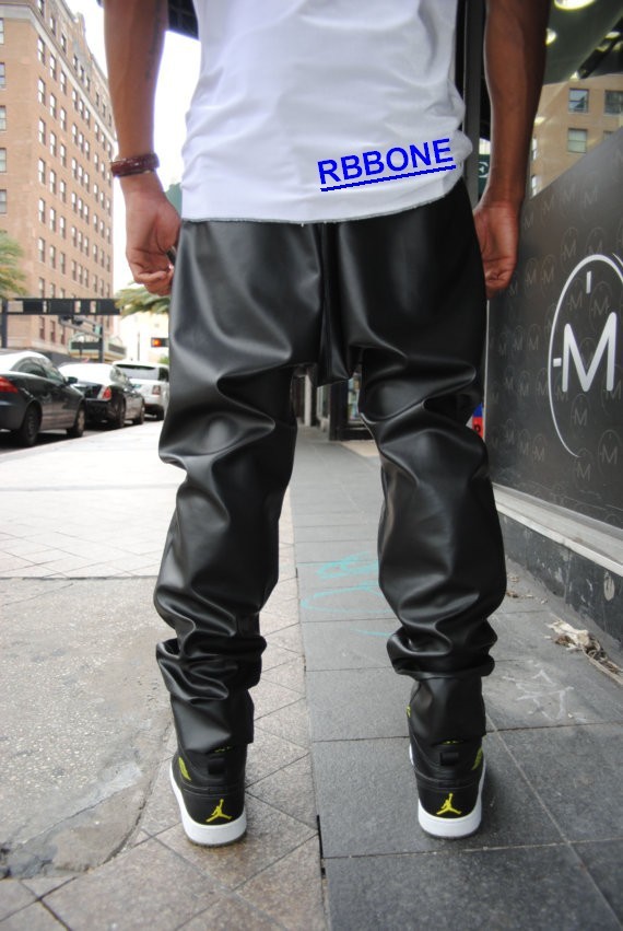 2020 Wholesale New Men Drop Crotch Pants Designer Skinny Joggers Leather Drop Crotch Trousers
