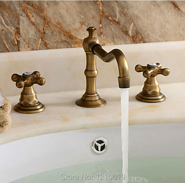 Newly Antique Brass Bathroom Sink Faucet Deck Mount Dual Handle Vintage Style Basin Faucet Mixer Tap Vessel Faucet