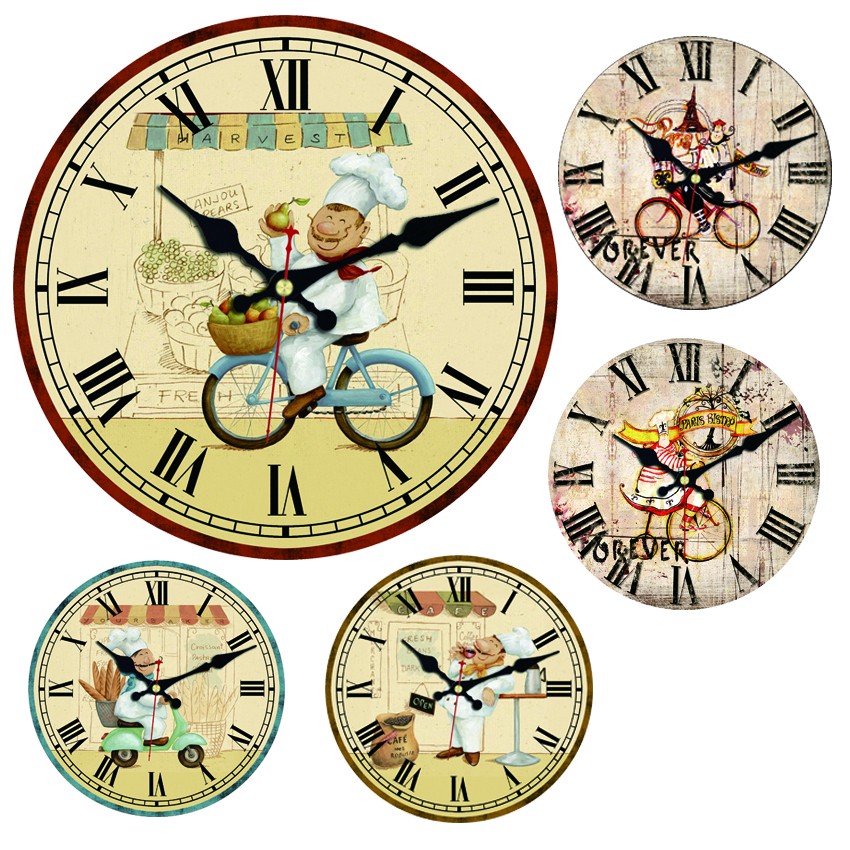 Retro Round Wooden Wall Clock Chef Drinking Coffee Home Office Wall Decor