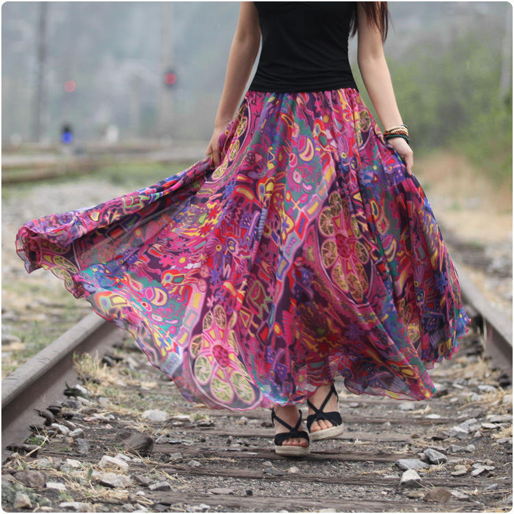 2015 Summer Style New Long Chiffon Skirts Plus Size Women Colorful Printed ...