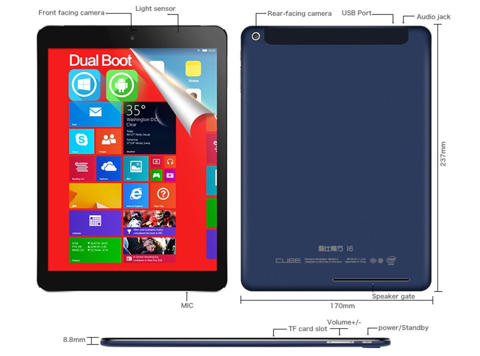  i6 Air 3        9.7 '' IPS 2048 * 1536 Win 8.1 / Win10 + Android4.4 Intel Z3735F   Bluetooth
