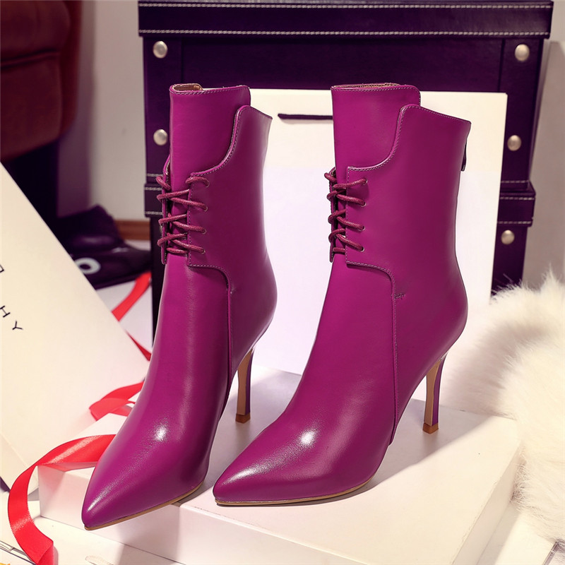Woman Thin Heels Pointed Toe Ankle Boots Full Grain Leather Winter Short Plush Shoe Blue Red Wine Purple Pointed Toe Ankle Boots
