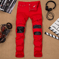 Brand Clothing Mens Ripped Skinny Hiphop Jeans Leather Hole Straight Red Denim Black Harem Pencil Pants