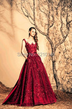 Luxury Vestido De Festa A Line Sheer Neckline Sleeveless Red Long Evening Dress 2015 Ziad Nakad
