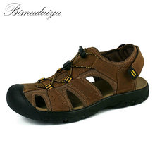 Toe Protect Men’s Sandals Genuine Leather Soft Sole Casual Shoes Quality Outdoor Beach Shoes All Match Large Size 11