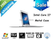 Free shipping 13.3 inch Intel dual core i7 Laptop computer 1.90Ghz,Quad Threads,2GB RAM& 64GB SSD,HDMI, 8400mAh Battery, win7