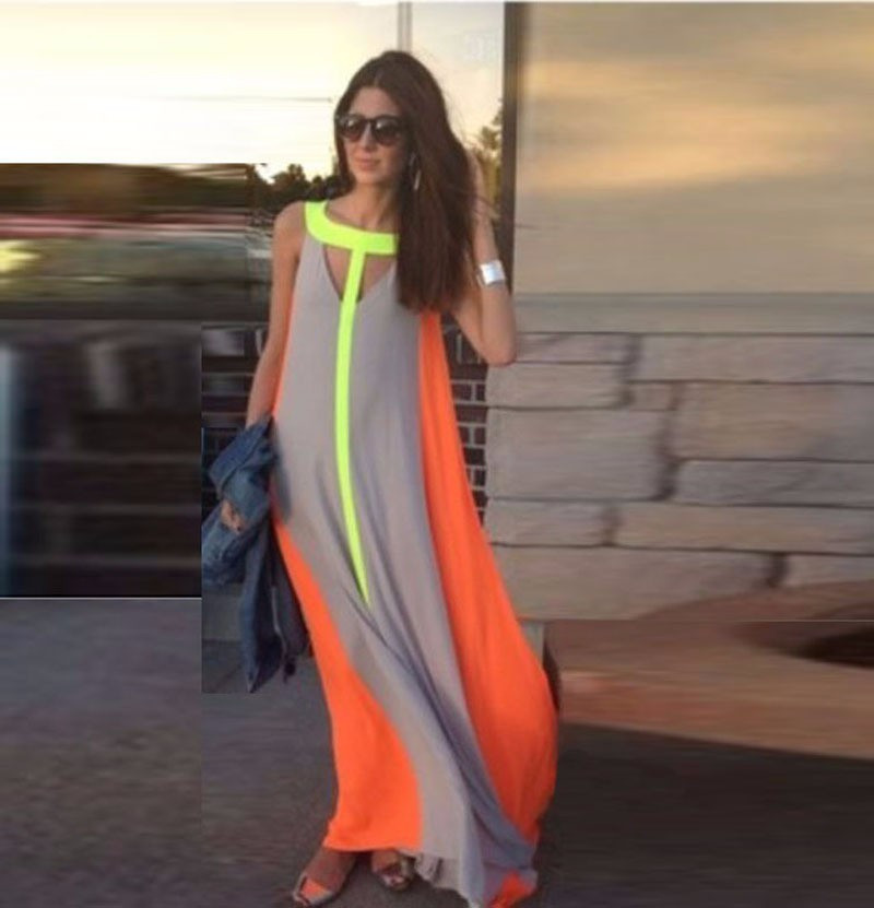 IDress Women Summer 2015 Casual Maxi Summer Dress Long Patchwork Loose Bohemian Beach Vestidos Contrast Color Chiffon Maxi Dress (9)