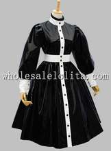 Cheap Gothic Black and White Dresses Patent Leather Victorian Inspired Dress Black Gothic Dress