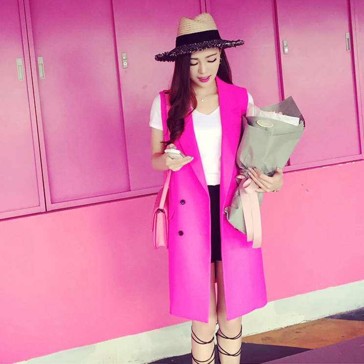 New 2015 Fashion Pink Solid Long Style Women s Suit Vest Ladies Double Breasted vests Sleeveless