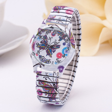 2015 nuevo reloj de moda de acero tira elástica patrón de mariposa mujeres Casual reloj Romantic Style Vintage mujeres elegantes visten ver