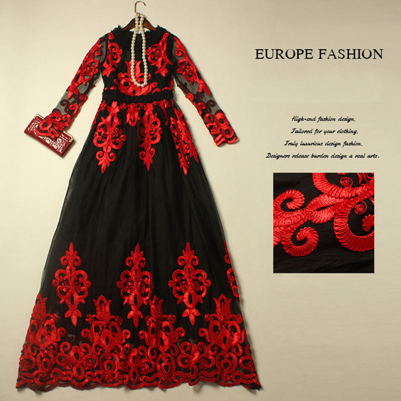 Vintage Dress 2016 Spring Summer Luxury Runway Fashion Brand Retro Embroidery Mesh Floor-Length Black / Red Elegant Dress