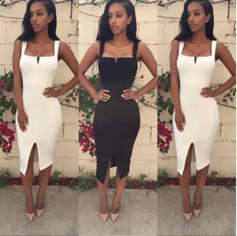 2016 new fashion knee length white black strap sexy midi split women evening party bodycon bandage dresses wholesale drop ship