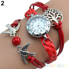 Vendimia vida del árbol pájaros Leather Charm Bracelet Style reloj de pulsera