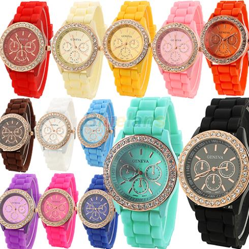 Fashion Geneva Wristwatch Vintage Golden Crystal Rhinestone Watches Silicone Strap Quartz Wrist Watch for Ladies Women 026C