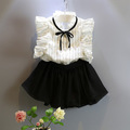 New 2016 Summer Girls chiffon set striped white shirt skirt shorts 2pcs suit Fashion Sleeveless lace