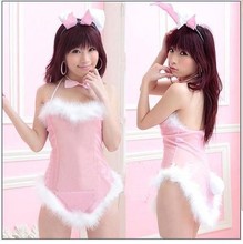 Sexy Pink Cosplay Costume Fancy Bunny Rabbit Lingerie Full Set Dress Uniform Sleepwear Teddy #FQ034