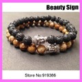 10pcs lot Wholesale 8mm agate and black lava beads bracelet silver color buddha Bracelets for men