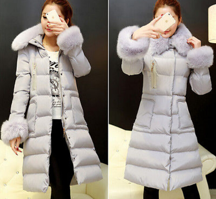 New Women's Fashion Faux Mink Fur Collar Long Duck Down Hooded Slim Coats Parkas    YY