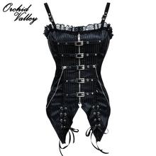 Black Striped Front Zipper Belt Buckle Gothic Women Body Shaper Steel Boned Steampunk Waist Training Corsets And Bustiers