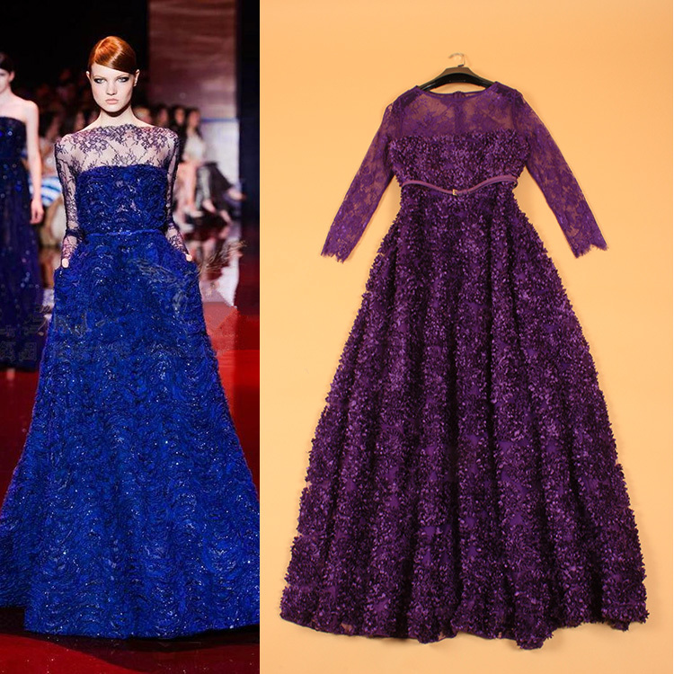 2015 Autumn New Fashion Runway European Women's Elegant Long Sleeve Blue / Purple / Black / Ivory Evening Lace Flowers Dress