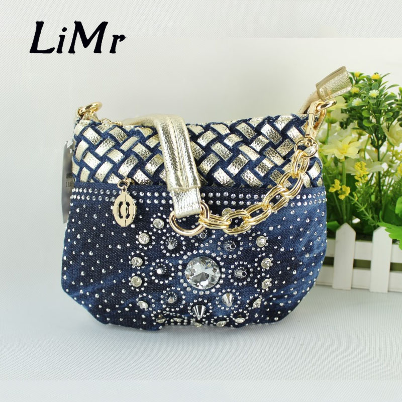 LiMr Canvas Bags New Fashion Denim PU Leather Women Shoulder Bags Solid Diamond Rivet Lady Messenger Bag Patchwork Crossbody Bag
