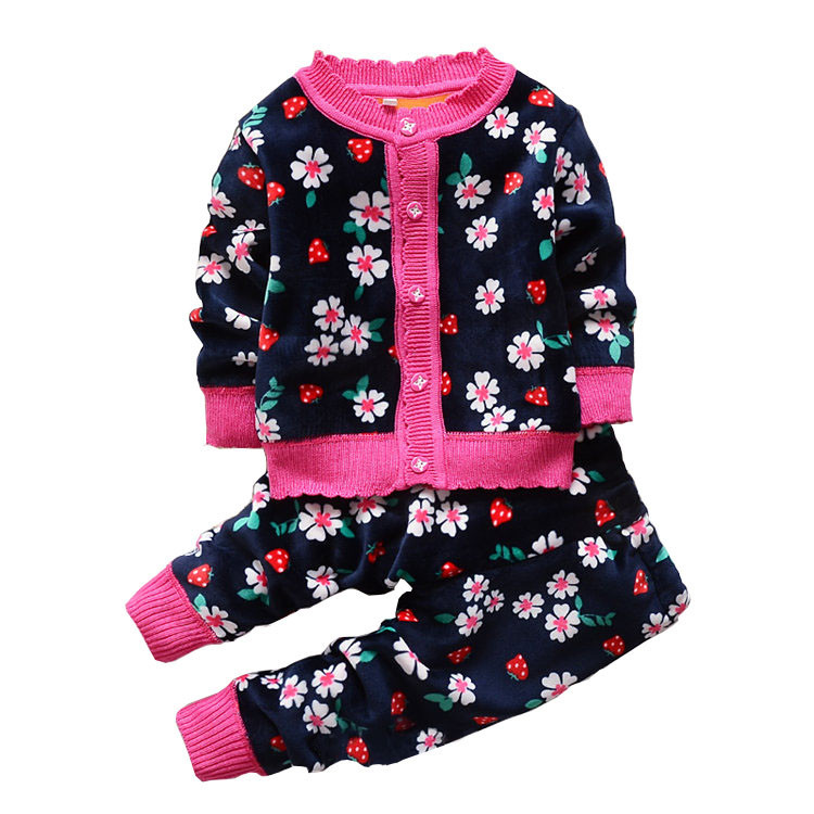 2015 Autumn winter baby girls clothing set kid Flower thicken Warm clothes set children knitting cardigan
