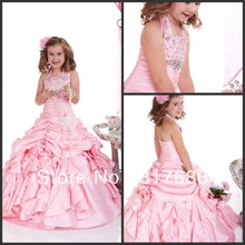 Free shipping! halter beaded flowers pleat ruffles a-line tiered satin long girl flower girl dress
