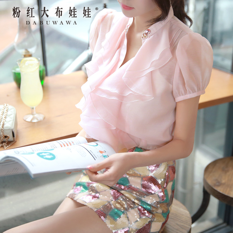 Female short sleeved shirt Pink Doll 2015 summer new shirt pink Ruffle waist blouse