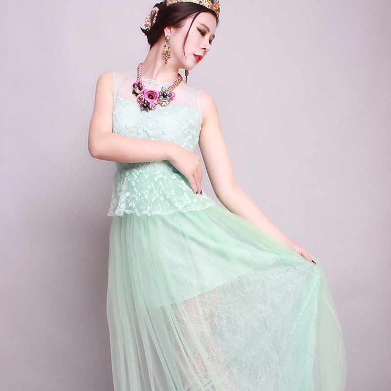 2015 European and American Style Brand Runway Long Dresses Light Green /pink Lace Mesh Hollow out Patchwork Ruffles Long Dress