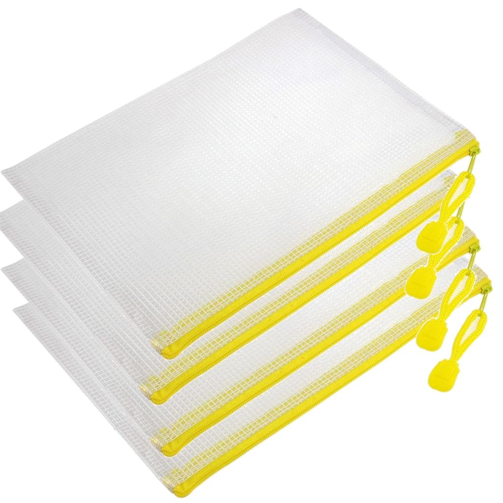 SAF Hot 4 Pcs Pen File A4 Document Bags Yellow Zip up White Plastic Pockets