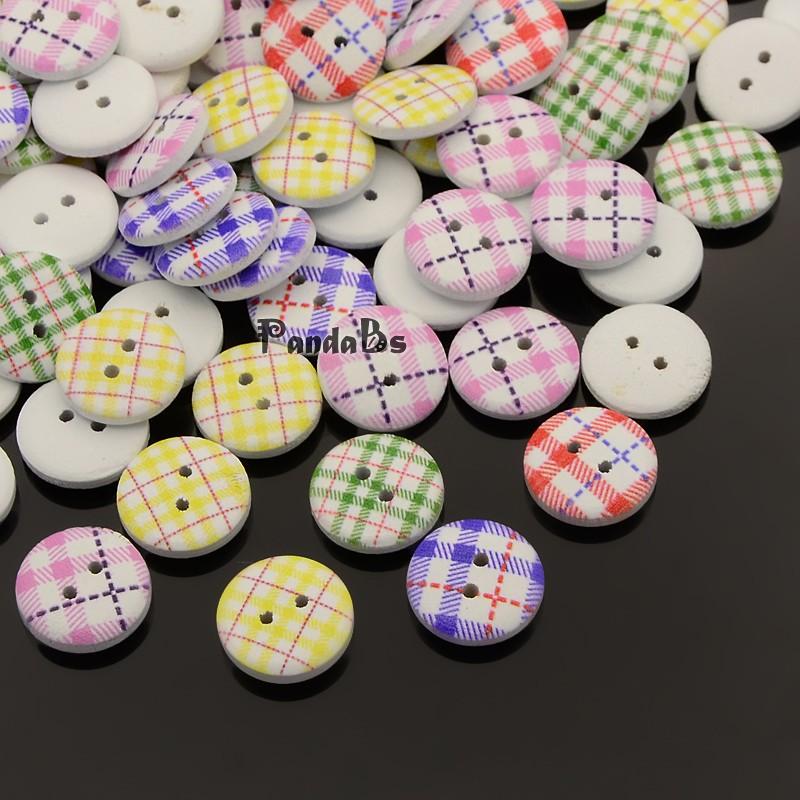 2 Hole Flat Round font b Tartan b font Pattern Printed Wooden Sewing Buttons Dyed Mixed