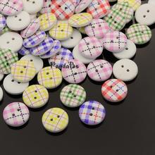 2-Hole Flat Round Tartan Pattern Printed Wooden Sewing Buttons, Dyed, Mixed Color, 13x4mm, Hole: 4mm