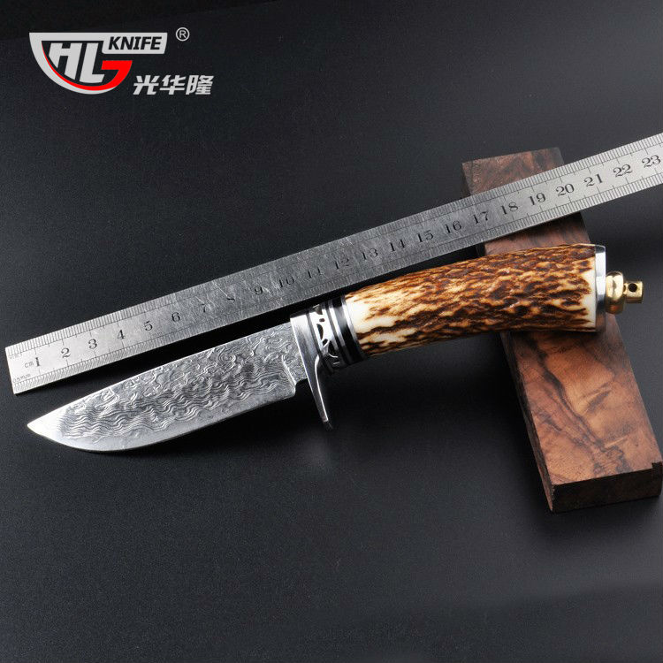 Free shipping damascus steel outdoor survival knife 58HRC camping hunting straight knife angle handle