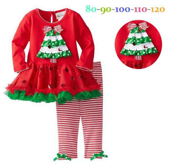 2014 Autumn baby girl suit red long sleeve Christmas tree dress + stripe trousers 3pcs set kids suit girls clothing set 5set/lot