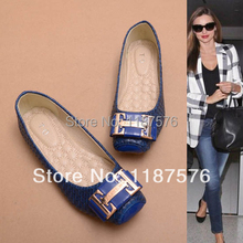 Big love decorative metal buckle snakeskin square flat shoes women shoes free shipping plus size