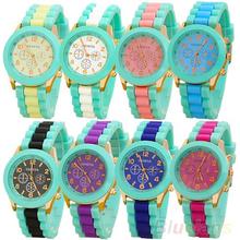 Mujeres de ginebra Mint Green Jelly Gel de silicona banda de cuarzo analógico reloj de pulsera 27 X 9