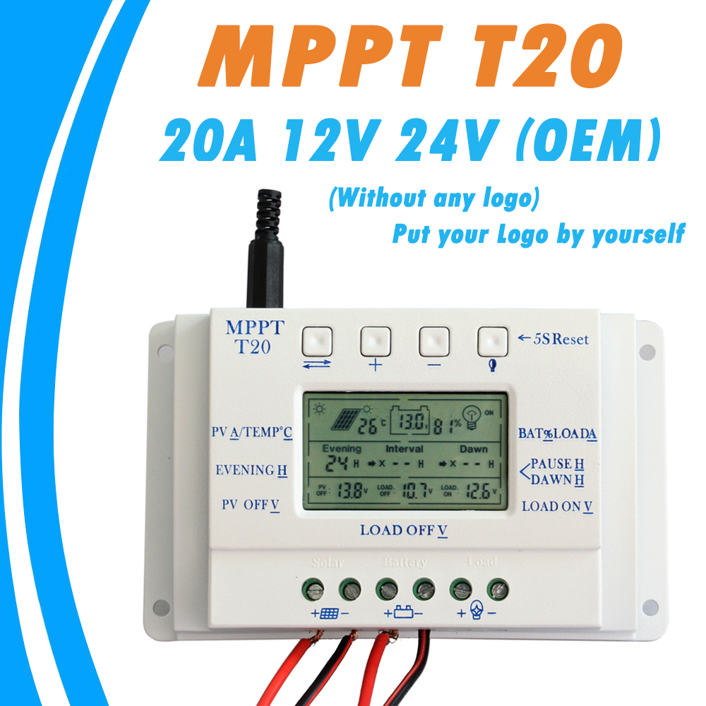 OEM LCD Display 20A 12V/24V MPPT Solar Panel Battery Regulator Charge Controller without Any Logo On Surface T20 LCD Wholesales