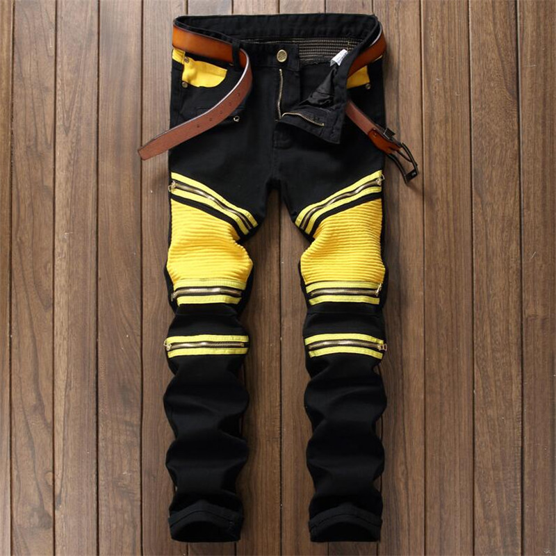 black and yellow biker jeans