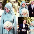 Oumeiya OWD807 A line Tulle Chiffon Beaded Lace Appliqued Aqua Green Long Sleeve Hijab Muslim Wedding