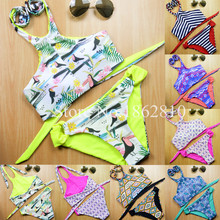 2016 New Fashion Women Sexy Casual Brazilian Print Patchwork Striped Bandage Bikini Set Swimsuit Swimwear Beach Suit Size S,M,L