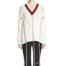 2016 Luxury Fashion Brand Sweater Women Hollow Out Striped V-Neck Long Sleeve Knitted Pullover With Tassel Pull Femme